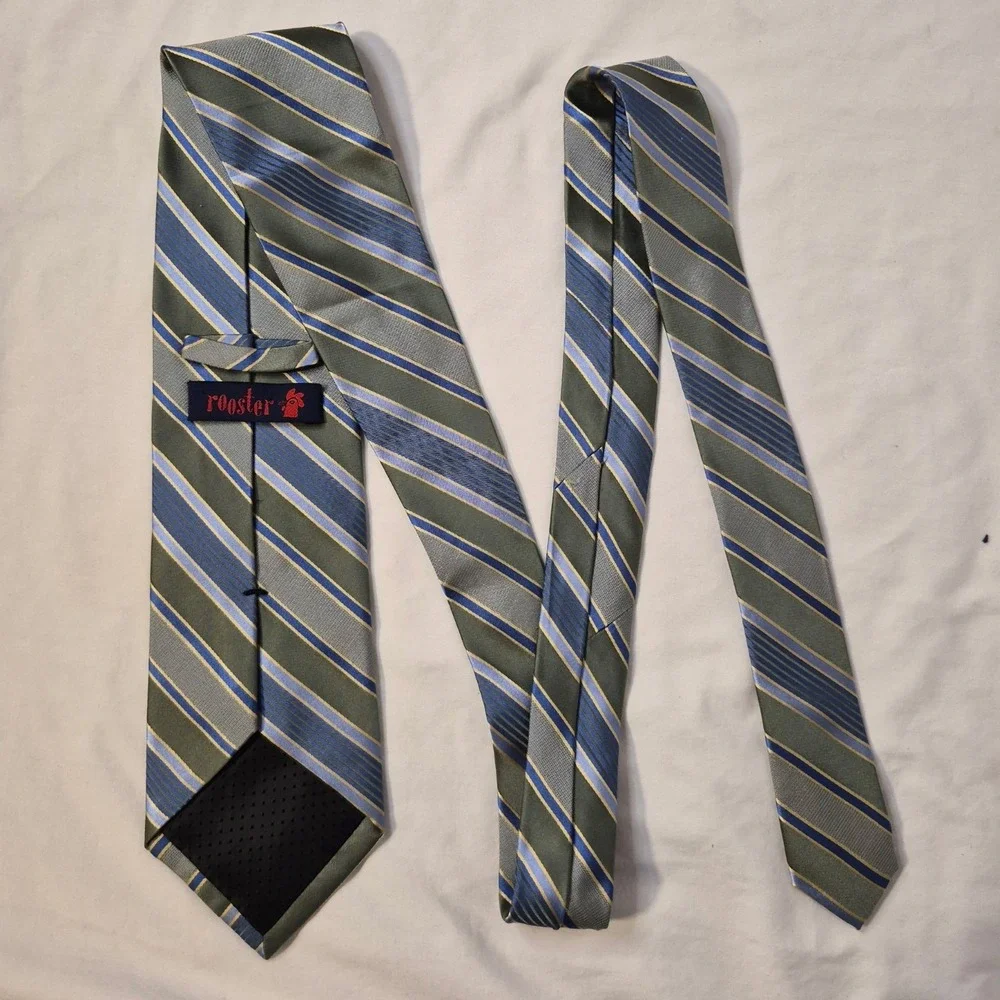 Rooster Mens Tie Green Blue Gold‎ Diagonal Stripe Silk Necktie Executive Office
